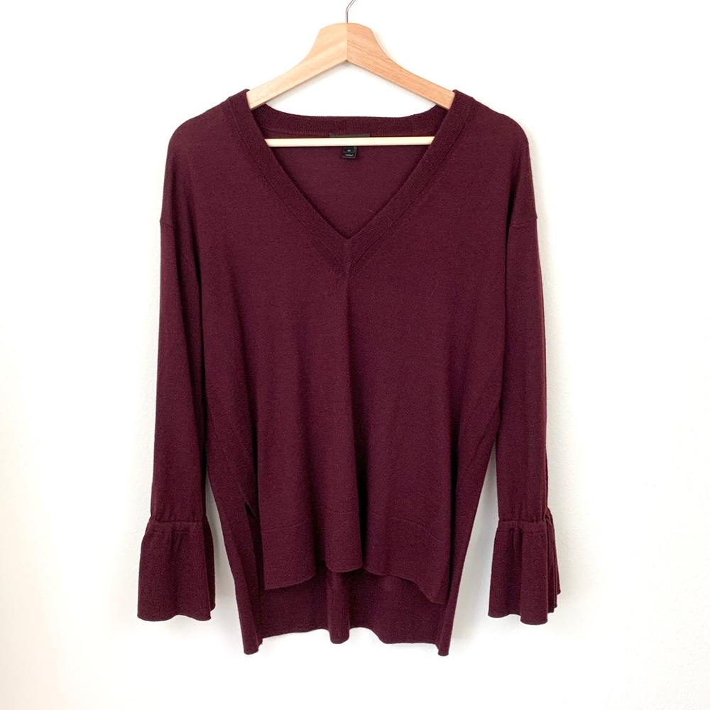 J. Crew Dark Purple Bell Tie Sleeve V neck Merino Wool Sweater